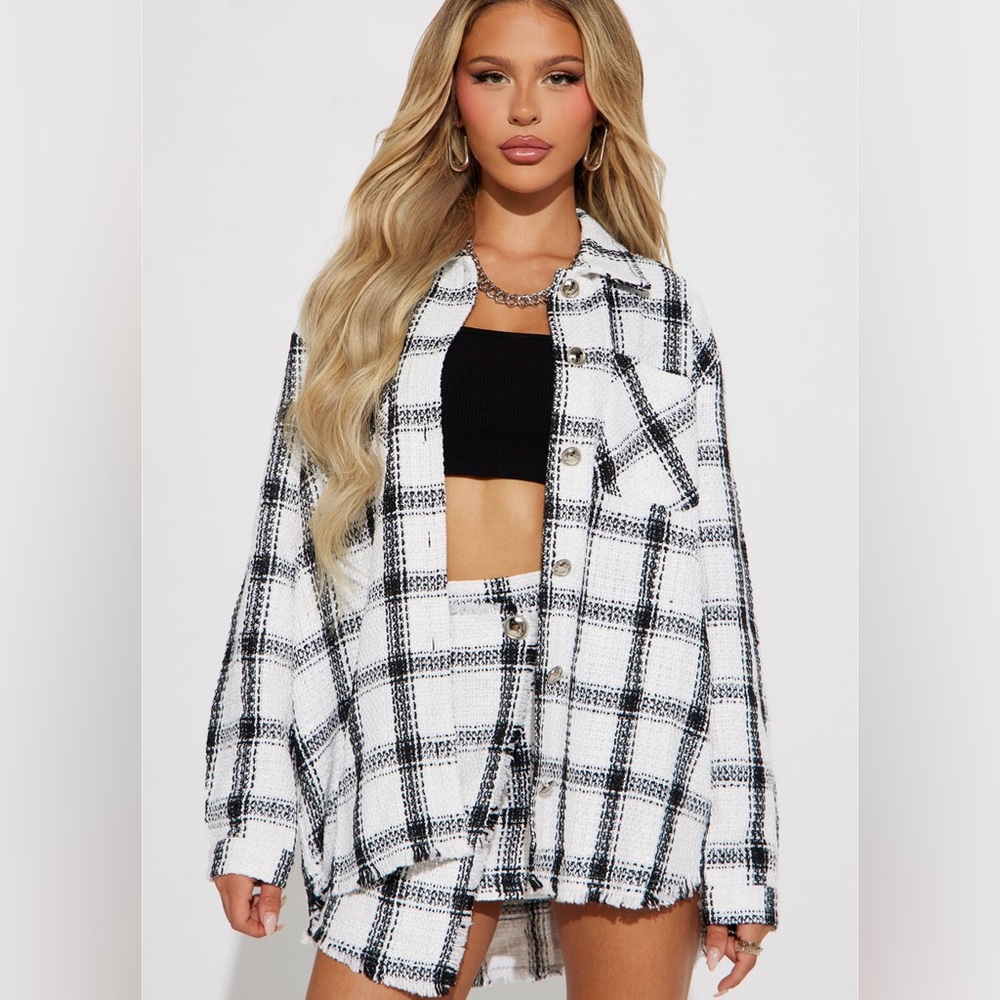 Black and White Plaid Jacket and Skirt Set